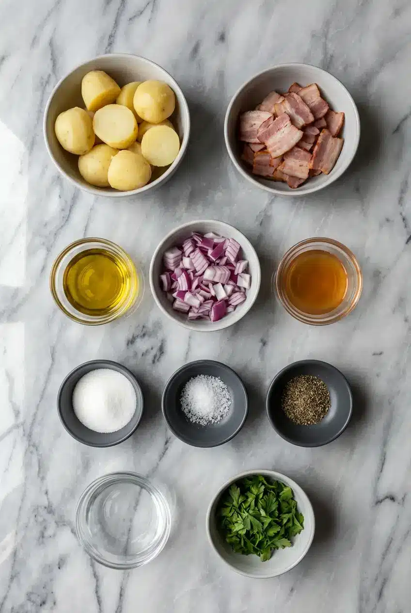 Ingredients for German Potato Salad laid out, including waxy Yukon Gold potatoes, bacon, apple cider vinegar, and whole-grain mustard.