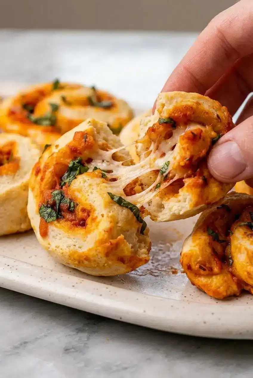 A close-up of a high protein pizza roll sliced in half, revealing a soft, tender crumb and a gooey mozzarella cheese center.