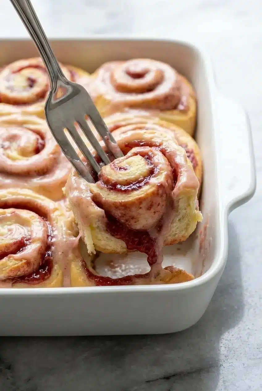 A close-up of the thick, jammy homemade strawberry filling being spread over the dough for Strawberry Cheesecake Sweet Rolls.