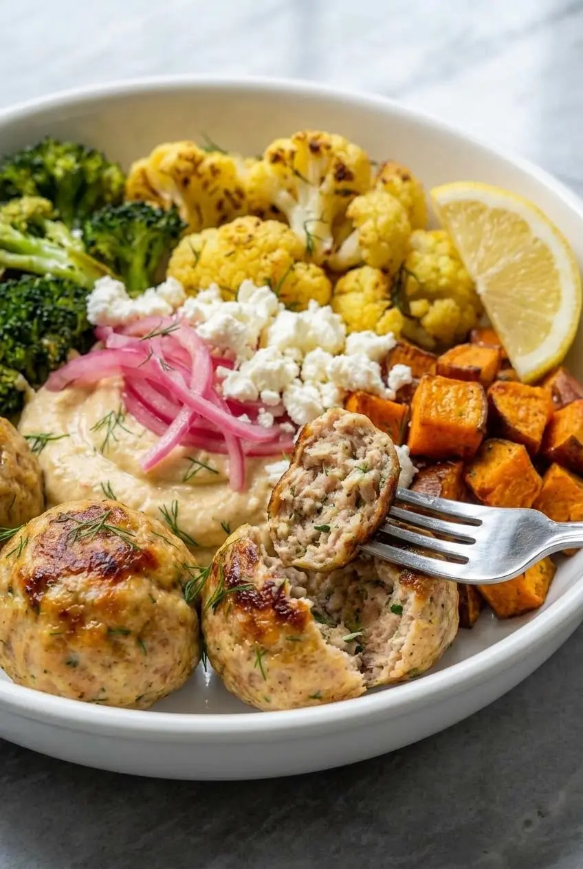 A close-up of a meatball cut in half, showing the tender and juicy texture for a Greek meatball bowl.