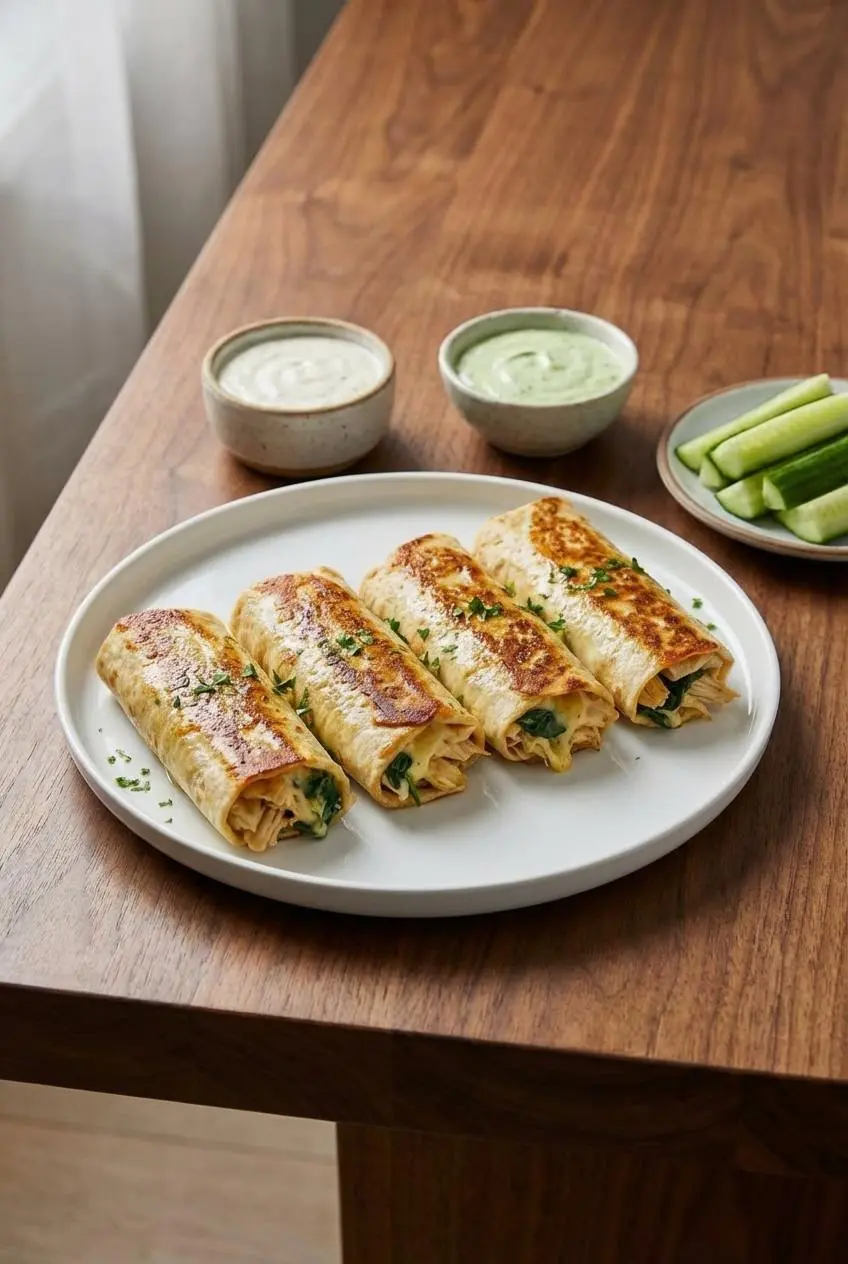 A plate holding two sliced Low Carb Cheesy Garlic Chicken Wraps, served as an easy and satisfying weeknight dinner.
