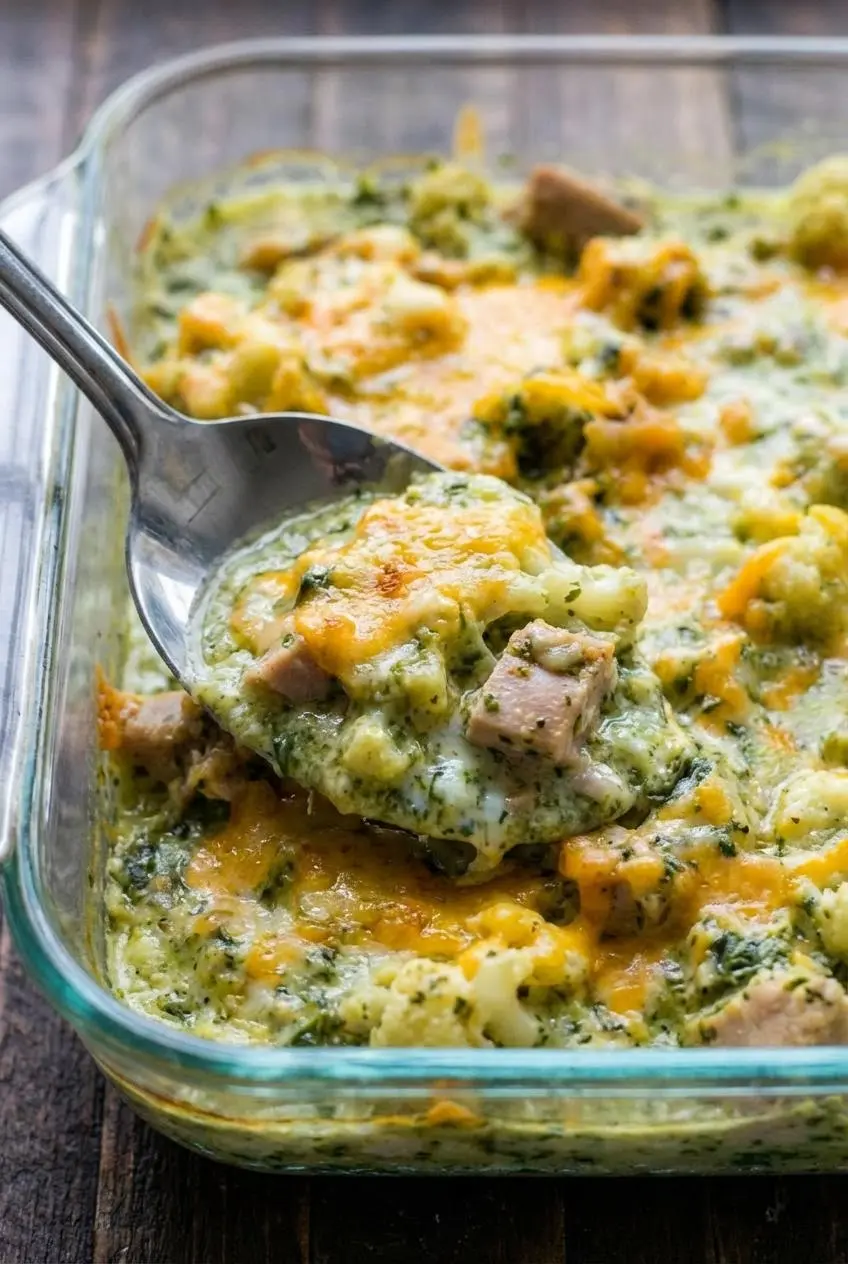 A close-up spoonful of the Keto Mexican chicken casserole, showing the creamy sauce, tender shredded chicken, and melted cheese.