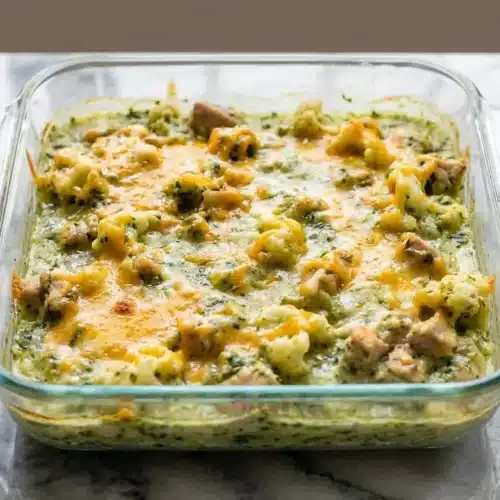 A bubbly Keto Mexican chicken casserole in a baking dish, topped with golden melted cheese, with a hint of smoky, fire-roasted green chiles.