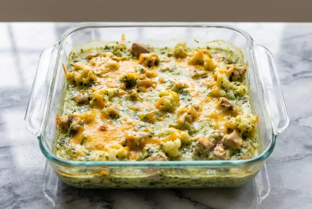 A bubbly Keto Mexican chicken casserole in a baking dish, topped with golden melted cheese, with a hint of smoky, fire-roasted green chiles.
