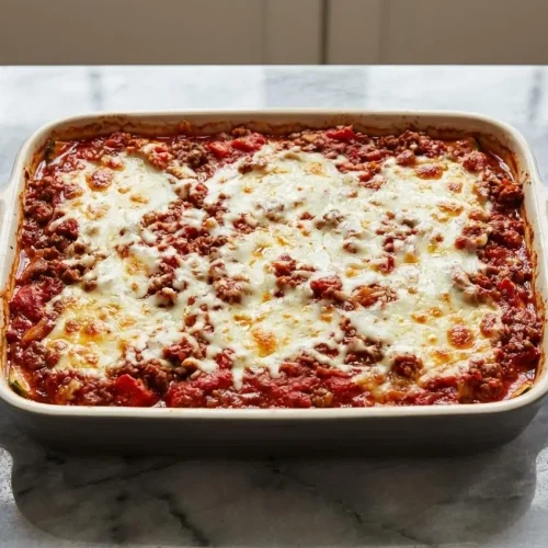 A bubbly slice of keto zucchini lasagna with layers of rich meat sauce, ricotta, and a golden-brown smoked mozzarella topping.