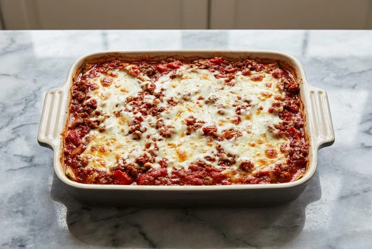 A bubbly slice of keto zucchini lasagna with layers of rich meat sauce, ricotta, and a golden-brown smoked mozzarella topping.