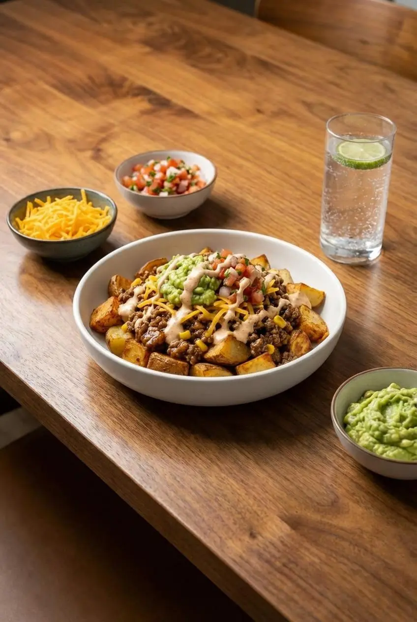 A satisfying Loaded Potato Taco Bowl served in a white bowl, ready to be enjoyed for an easy weeknight meal.