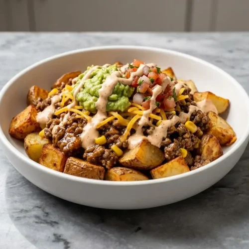 A Loaded Potato Taco Bowl with seasoned ground beef, crispy potatoes, and fresh pico de gallo, drizzled with a smoky chipotle-lime crema.