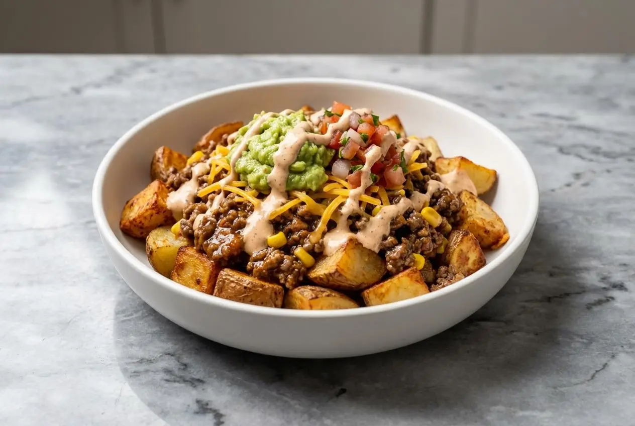 A Loaded Potato Taco Bowl with seasoned ground beef, crispy potatoes, and fresh pico de gallo, drizzled with a smoky chipotle-lime crema.