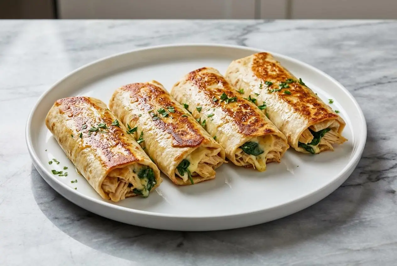 Golden, pan-seared Low Carb Cheesy Garlic Chicken Wraps, sliced to show the creamy filling made with garlic confit butter.