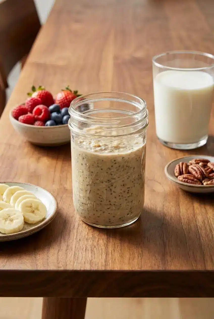 Two sealed mason jars of brown sugar overnight oats ready for storage, ideal for a grab-and-go meal prep breakfast.
