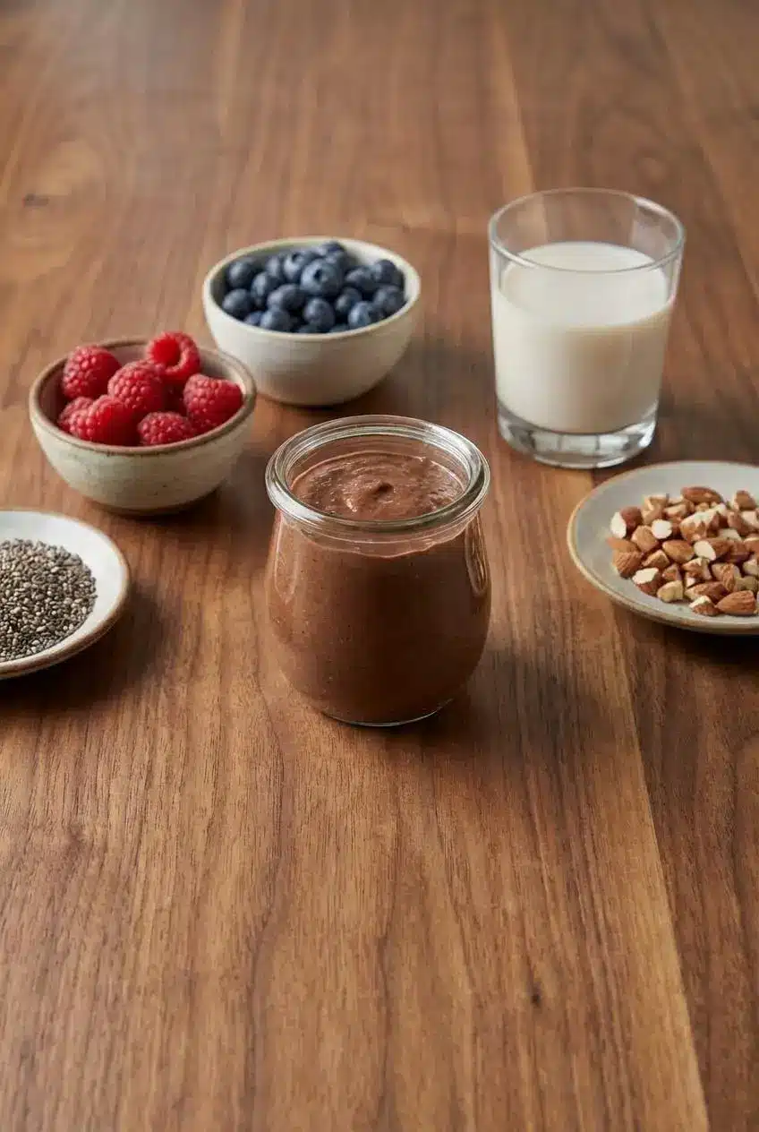 Three glass jars of high protein chocolate chia pudding lined up for meal prep, with lids on for easy storage in the fridge.