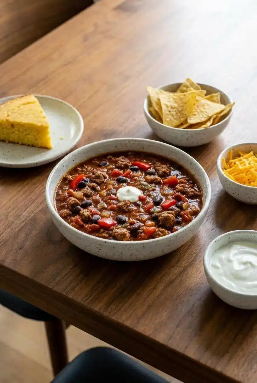 Several glass meal prep containers filled with portions of High Protein Beef Chili, ready for freezer storage or easy weeknight meals.