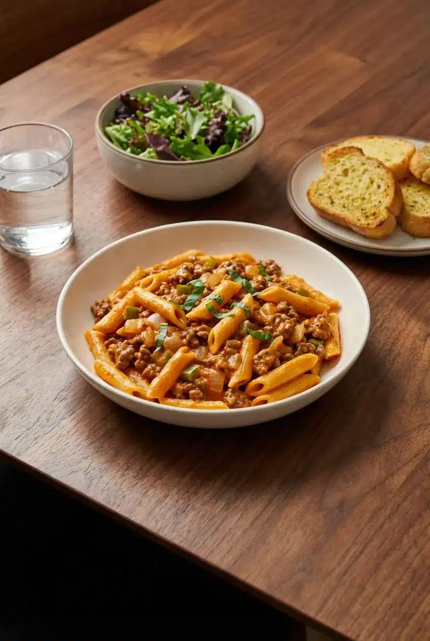A serving of High Protein Creamy Beef Pasta in a glass meal prep container, perfect for a quick and easy weeknight dinner.