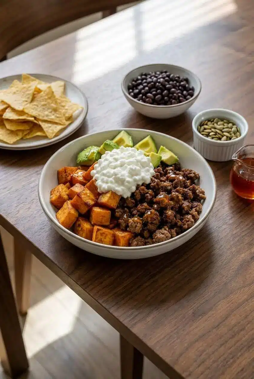 A meal-prepped hot honey cottage cheese sweet potato beef bowl in a glass container, ready for a healthy and convenient lunch.