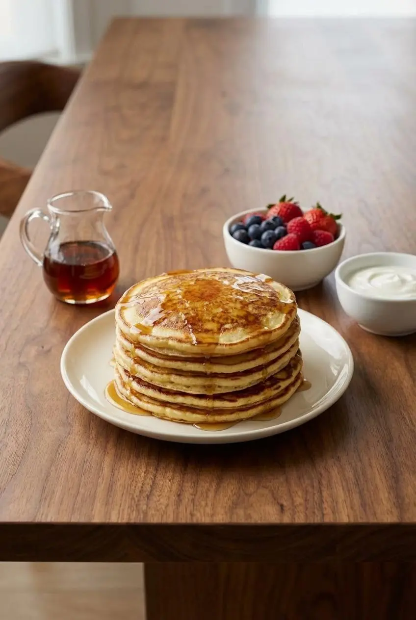 A stack of cooled protein cottage cheese pancakes in a glass meal prep container, ready for easy weekday breakfasts.