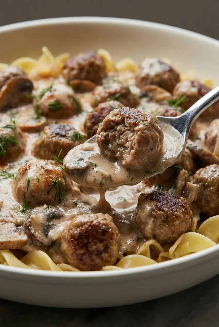 A close-up of tender meatballs simmering in a rich, creamy sauce, showing the texture of the perfect Meatball Stroganoff.