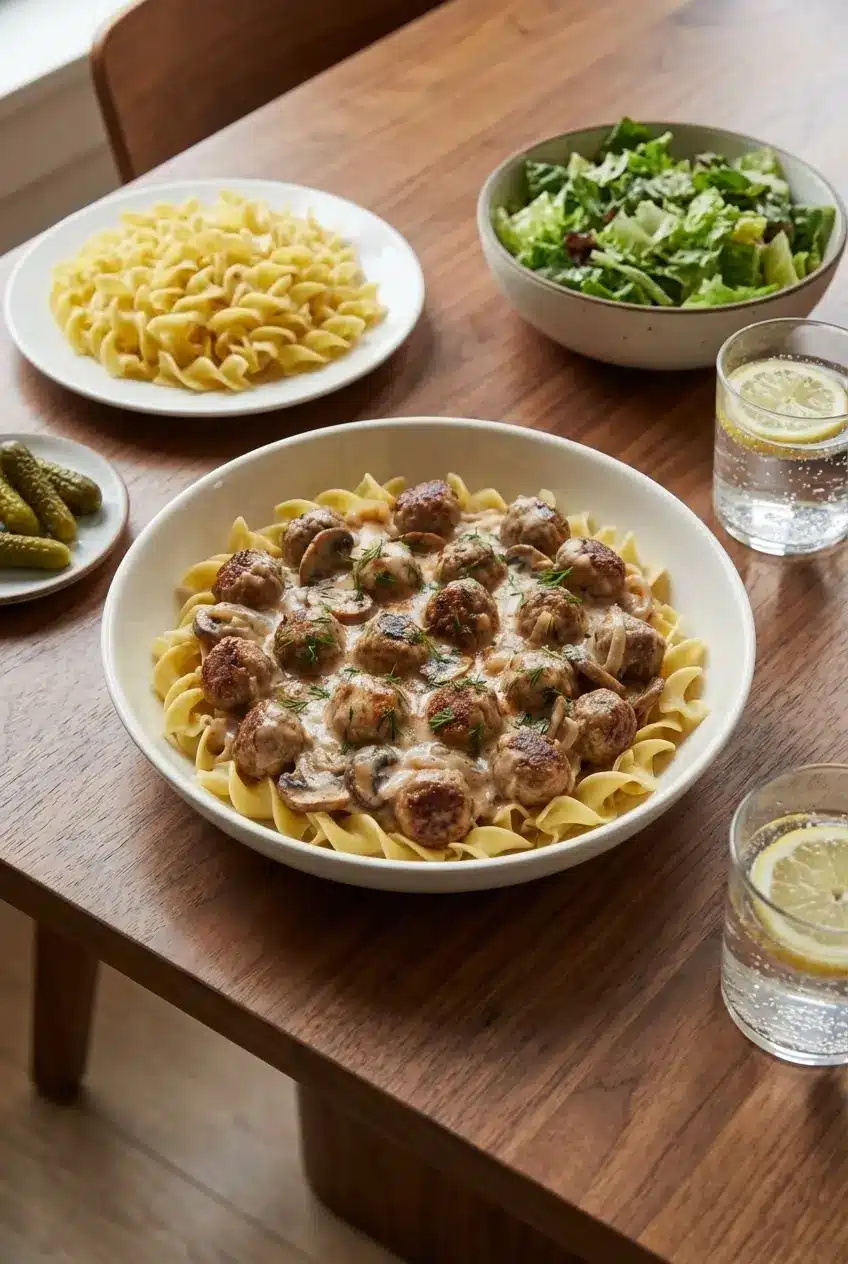 A large cast iron skillet of Meatball Stroganoff on a dinner table, ready to be served for a comforting family meal.