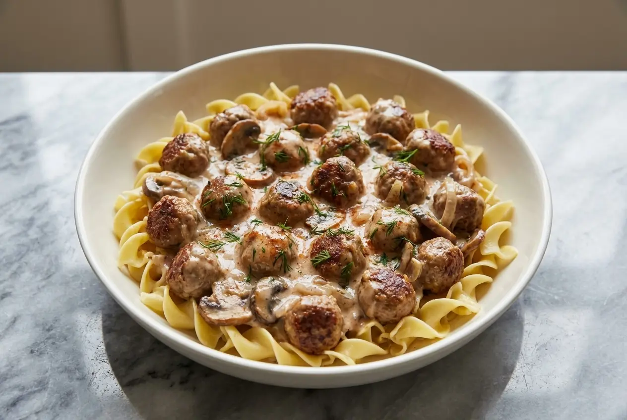 A bowl of creamy Meatball Stroganoff with tender meatballs in a rich, paprika-infused sauce, served over egg noodles with fresh dill.