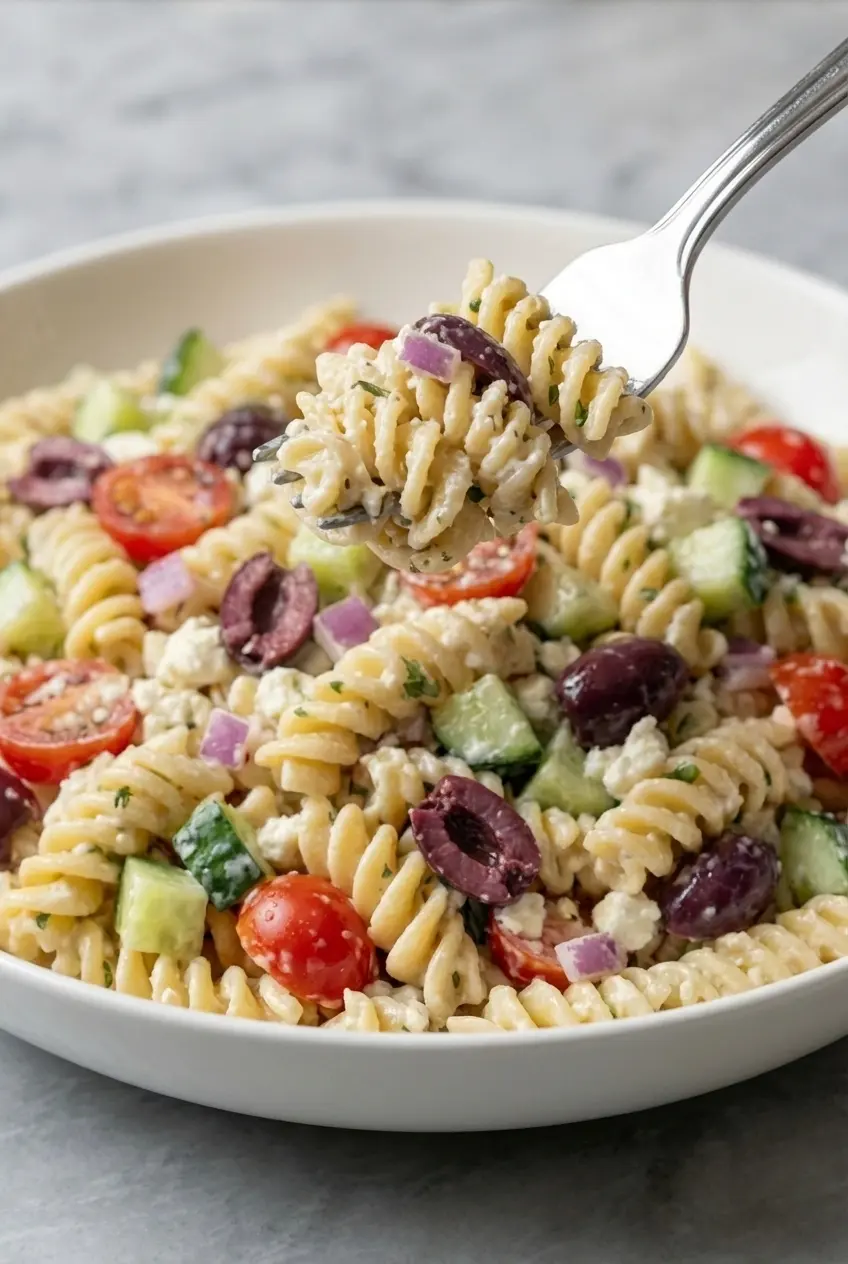 A close-up of the Mediterranean pasta salad showing how the creamy marinated feta dressing clings to each piece of rotini and vegetable.
