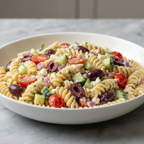 A large bowl of Mediterranean pasta salad with rotini, tomatoes, and olives, tossed in a creamy, marinated feta dressing.