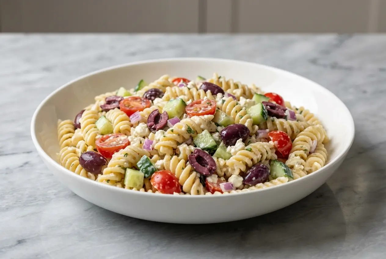 A large bowl of Mediterranean pasta salad with rotini, tomatoes, and olives, tossed in a creamy, marinated feta dressing.