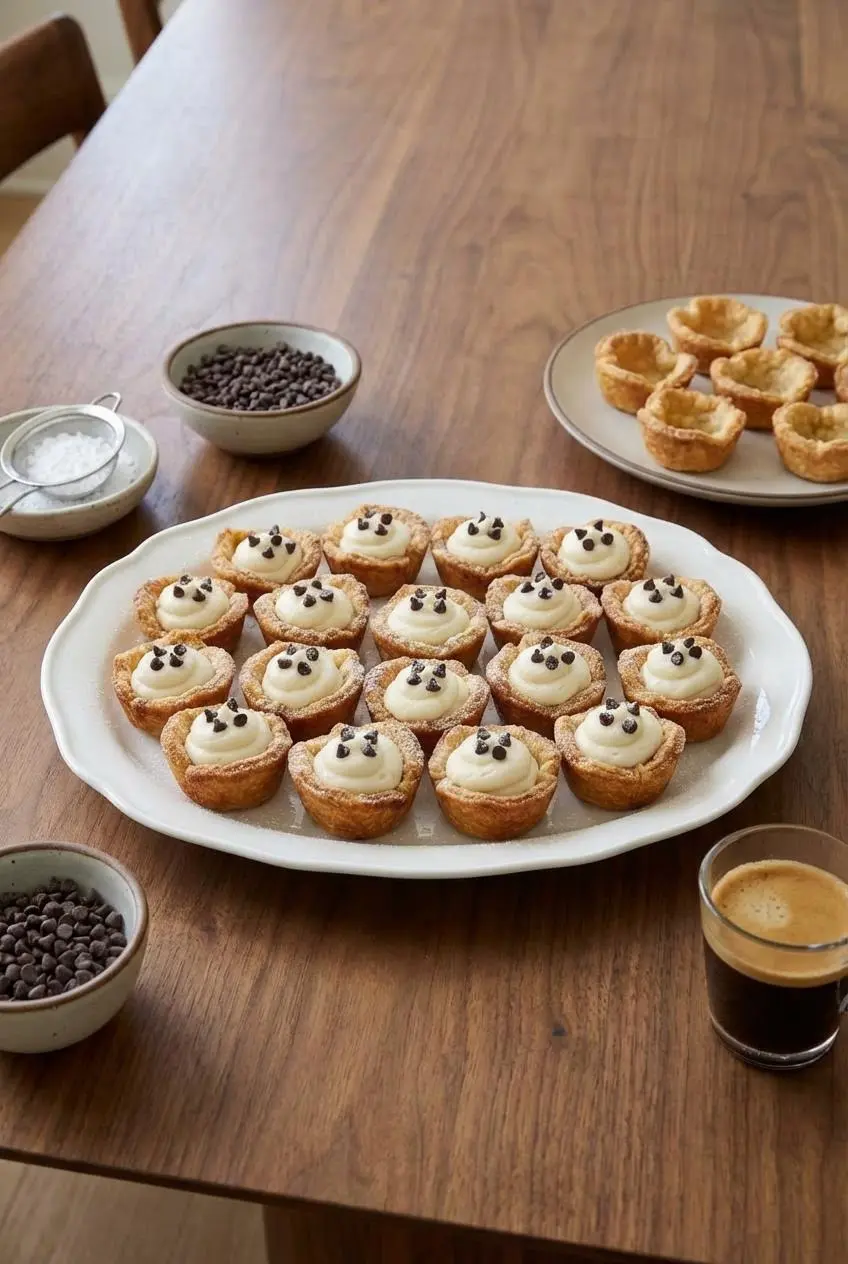A platter of finished Mini Cannoli Cups, garnished with mini chocolate chips and chopped pistachios, ready for a party.