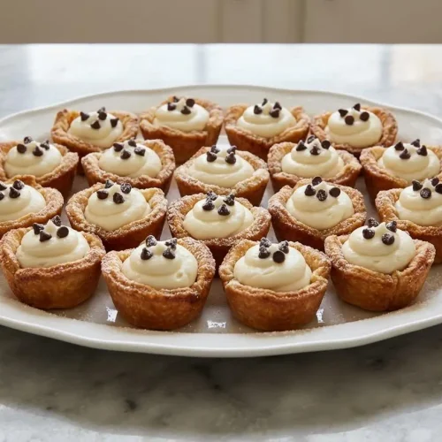 Crispy phyllo shells filled with an extra thick, creamy ricotta filling, making the perfect Mini Cannoli Cups topped with pistachios.