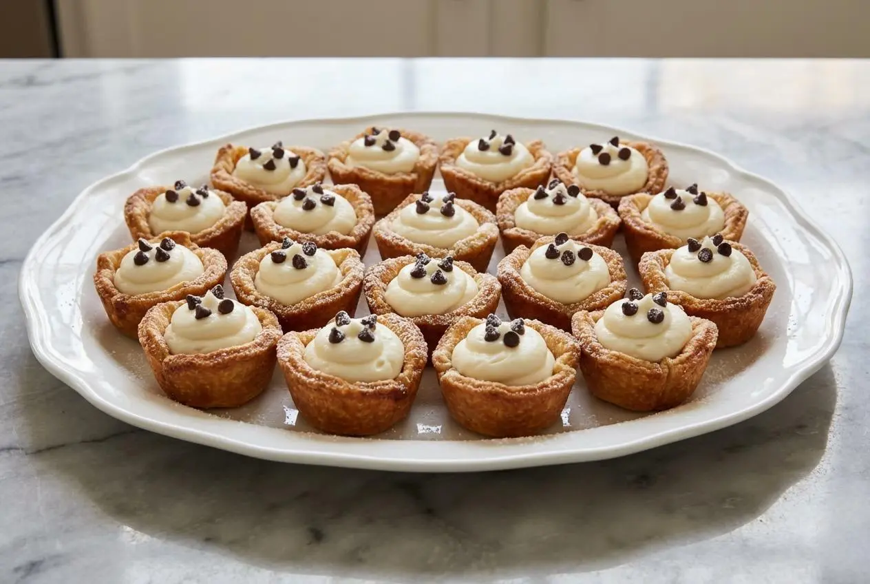 Crispy phyllo shells filled with an extra thick, creamy ricotta filling, making the perfect Mini Cannoli Cups topped with pistachios.