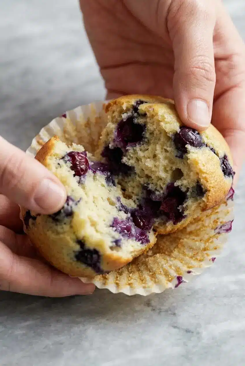 The soft, moist interior of a blueberry protein muffin, showing tender crumbs and juicy, burst berries throughout.