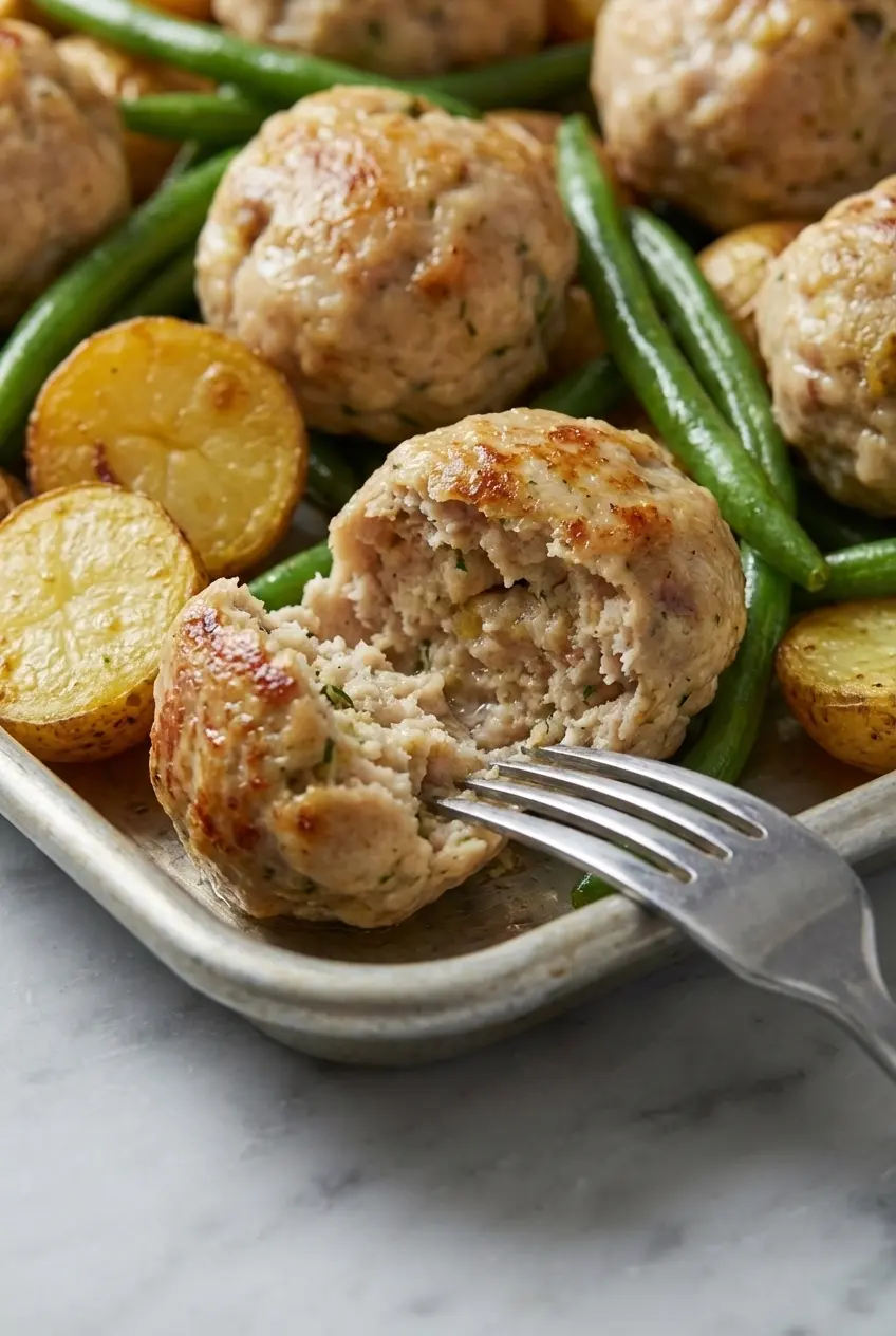 A close-up of a turkey and stuffing meatball cut in half, revealing a moist and tender texture with flecks of herbs and vegetables.