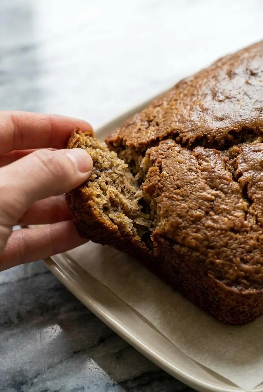 A close-up slice of the Protein Banana Bread recipe, showing off the perfectly moist and dense crumb texture.