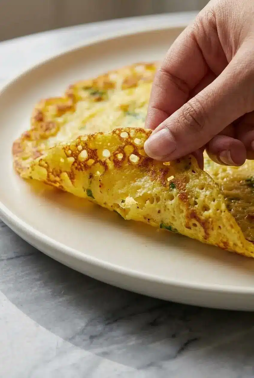 Close-up of the lacy, golden-brown batter for the Moong Dal Chilla Recipe cooking on a hot tawa, showing its crispy edges.