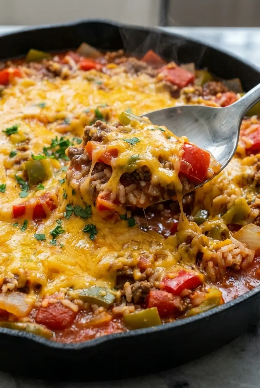 A large cast iron skillet showing the finished Unstuffed Peppers, demonstrating an easy one-pan meal ready to be served.