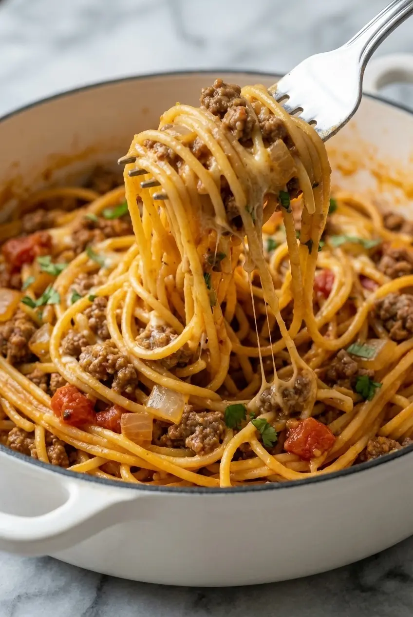 Creamy One Pot Taco Spaghetti with melted Monterey Jack cheese and a rich smoked paprika sauce.