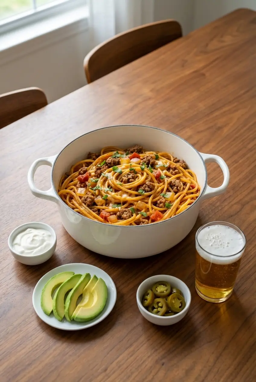 One Pot Taco Spaghetti served in a bowl with fresh toppings, perfect for a weeknight family dinner.