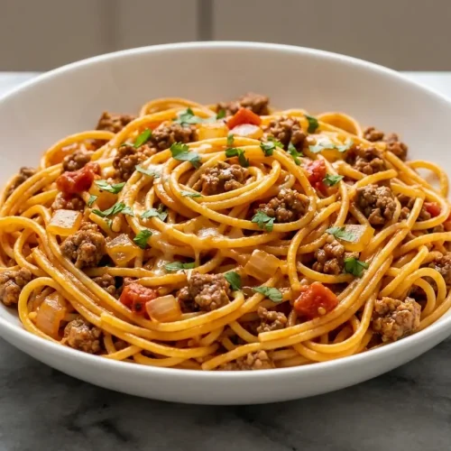 One Pot Taco Spaghetti in a dutch oven, featuring a rich sauce from a smoked paprika and beer deglaze.