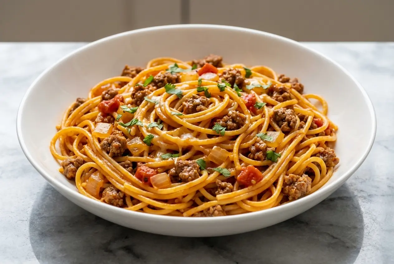 One Pot Taco Spaghetti in a dutch oven, featuring a rich sauce from a smoked paprika and beer deglaze.