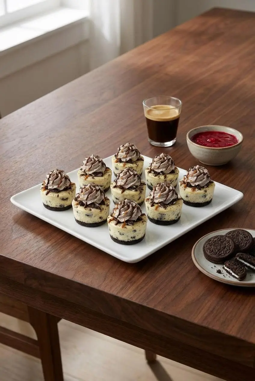 A hand reaching for one of several Oreo Cheesecake Bites arranged on a white serving platter, ready for a party.