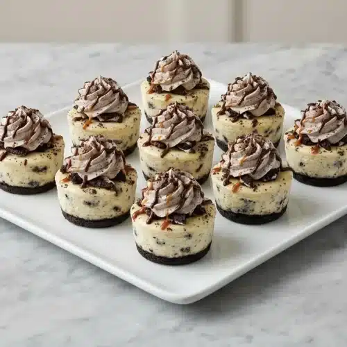 A platter of Oreo Cheesecake Bites, each finished with a light and airy swirl of whipped Oreo cream topping on a cookie crust.