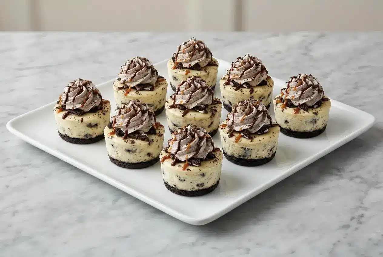 A platter of Oreo Cheesecake Bites, each finished with a light and airy swirl of whipped Oreo cream topping on a cookie crust.