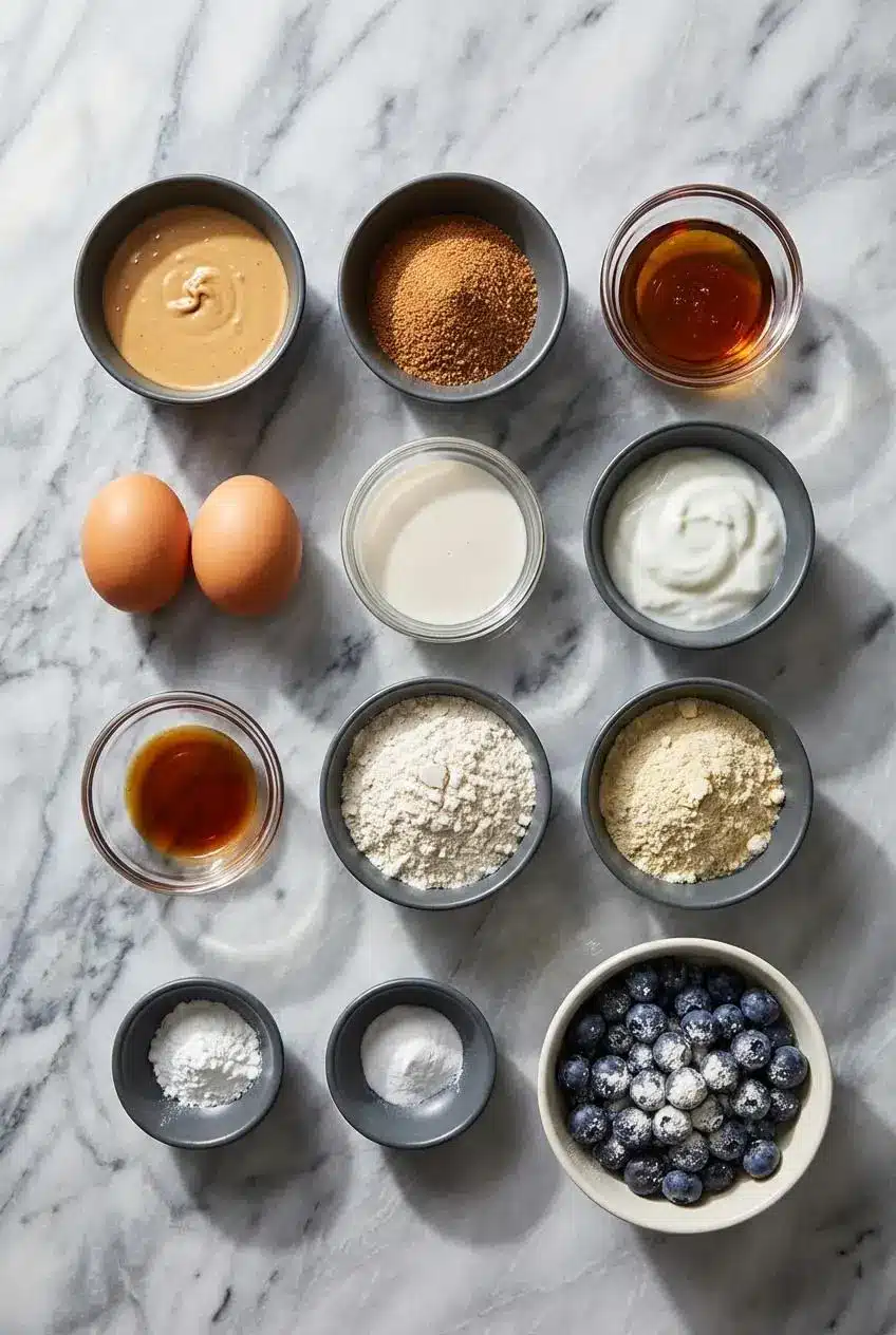 Ingredients for blueberry protein muffins arranged on a surface, including gluten-free flour, protein powder, frozen blueberries, and a lemon.
