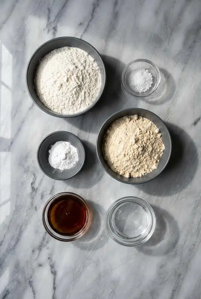 Ingredients for protein vegan pancakes laid out, including all-purpose flour, vegan protein powder, flaxseed meal, and plant-based milk.