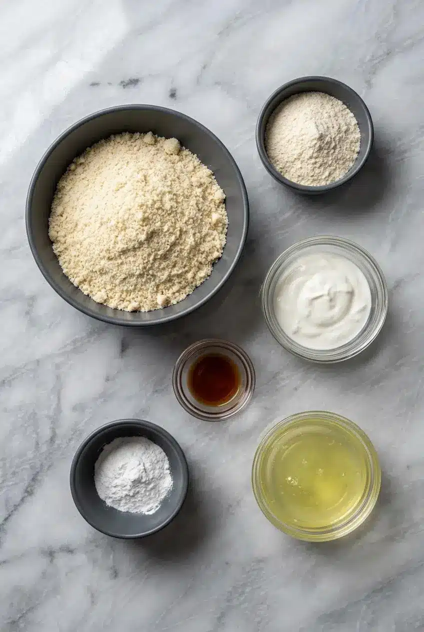 Ingredients for Greek yogurt pancakes laid out, including Greek yogurt, all-purpose flour, eggs, a lemon, and fresh blueberries.