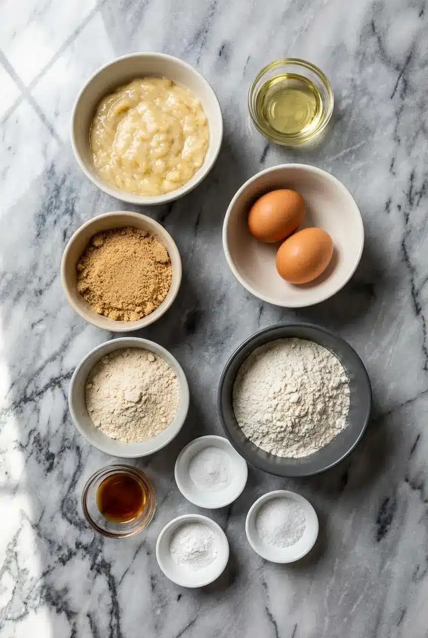 Ingredients for a Protein Banana Bread recipe laid out, including ripe bananas, Greek yogurt, whey protein, and flour.