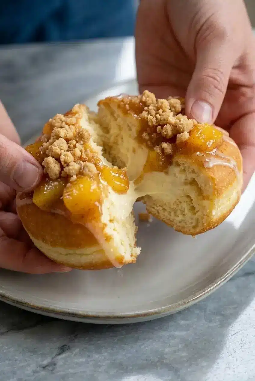 A close-up of a halved Classic Peach Cobbler Cheesecake Donut, revealing the rich cheesecake filling and tender peach chunks.