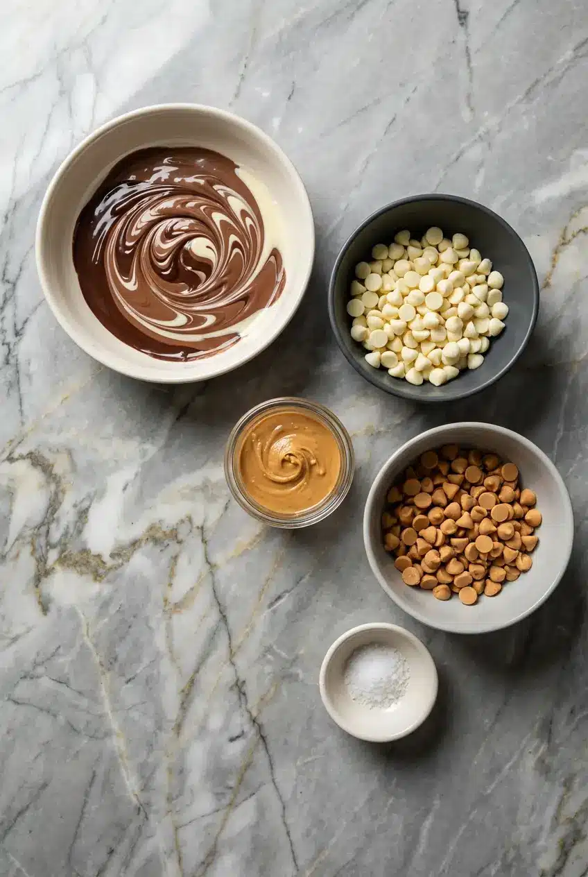 Ingredients for peanut butter egg recipe including couverture chocolate, malt powder, and graham crumbs.