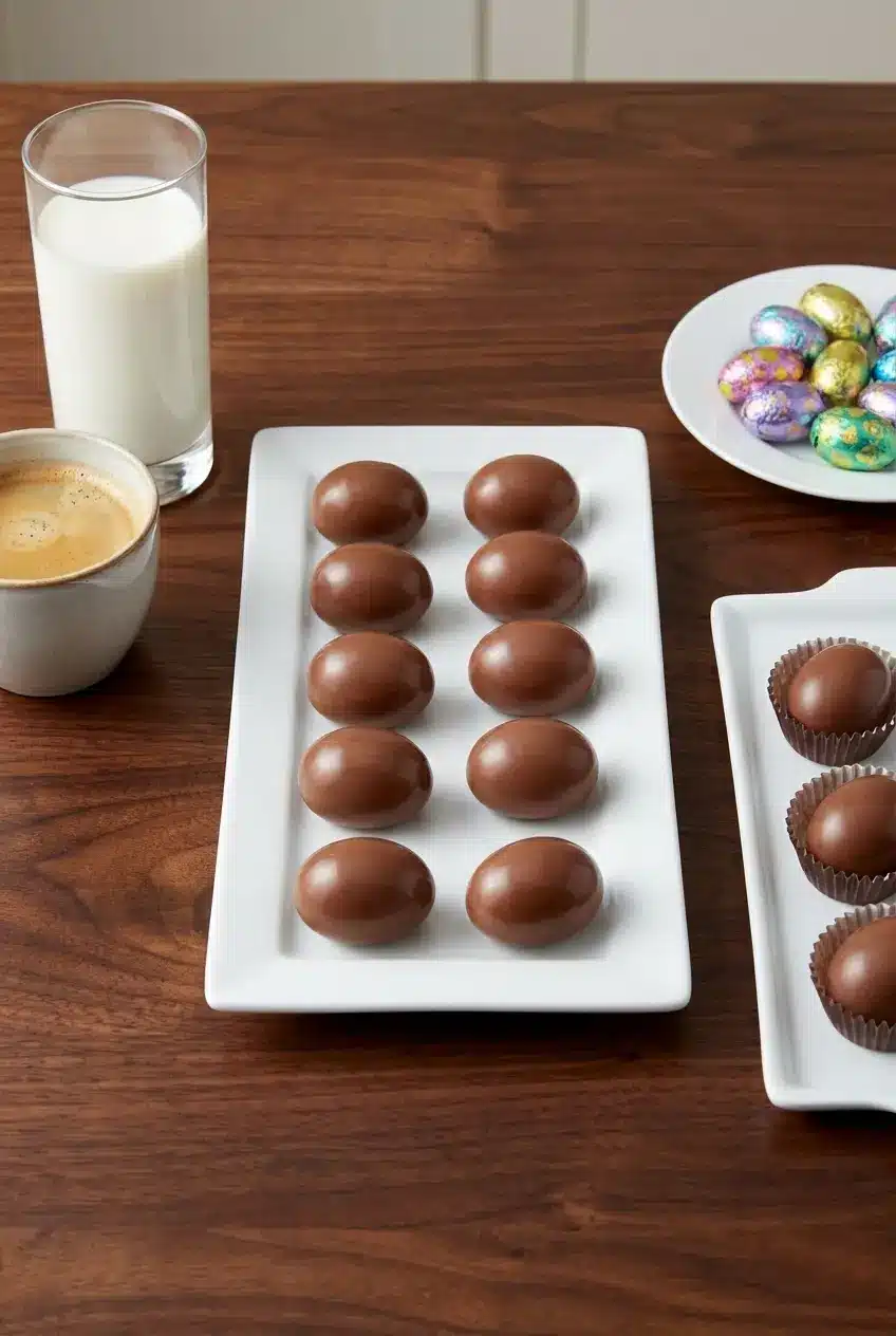 A decorative platter of the finished peanut butter egg recipe ready for an Easter celebration.