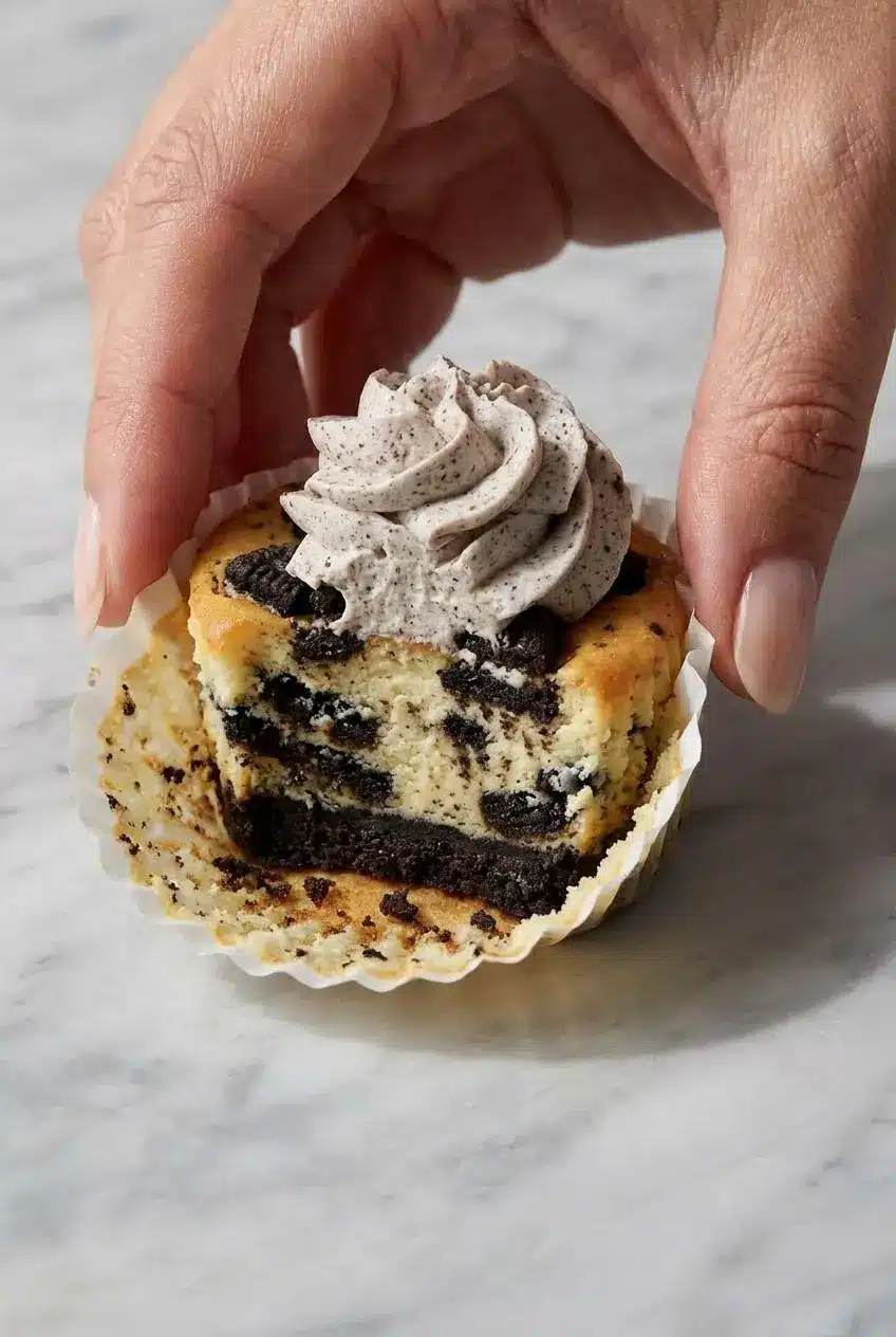 A close-up view of a flawless mini Oreo Cheesecake Bite, showing the clean layers of cookie crust, smooth white filling, and topping.