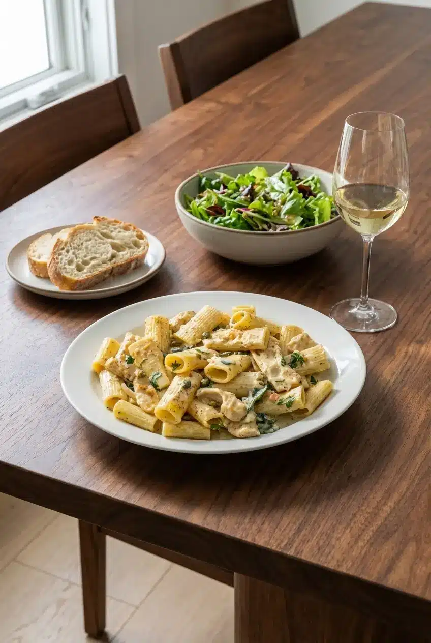 A single serving of Chicken Piccata Pasta in a bowl with a fork resting on the side, ready for a comforting weeknight dinner.